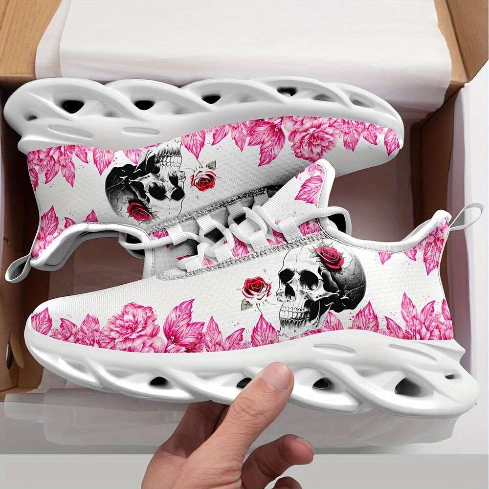 Women's Outdoor Shoes With Skull And Rose Print, Lightweight EVA Sole Cushioned Comfort, Non-Slip Breathable Fabric All-Season Road Running Shoes - view 3