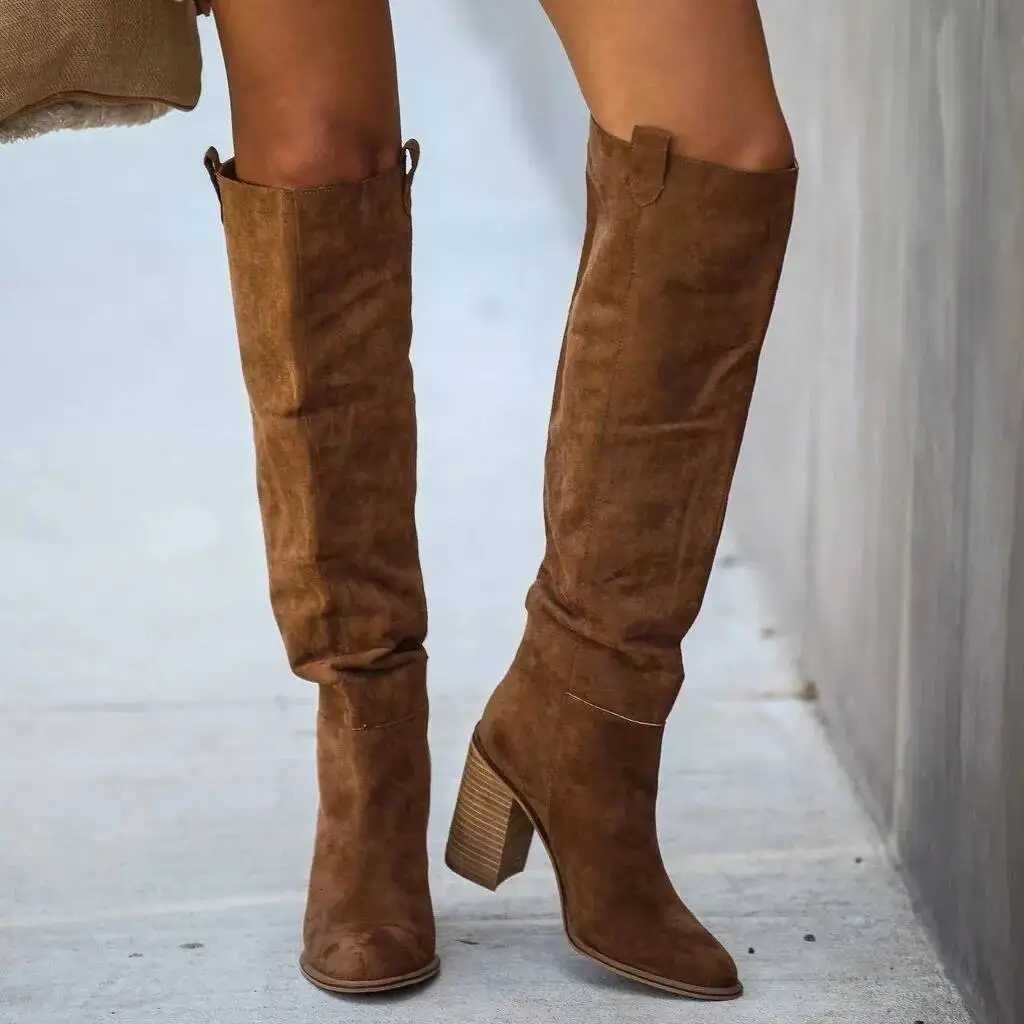 Chunky High Heel Pointed Toe Knee High Boots 2026 Women ShoesT251223