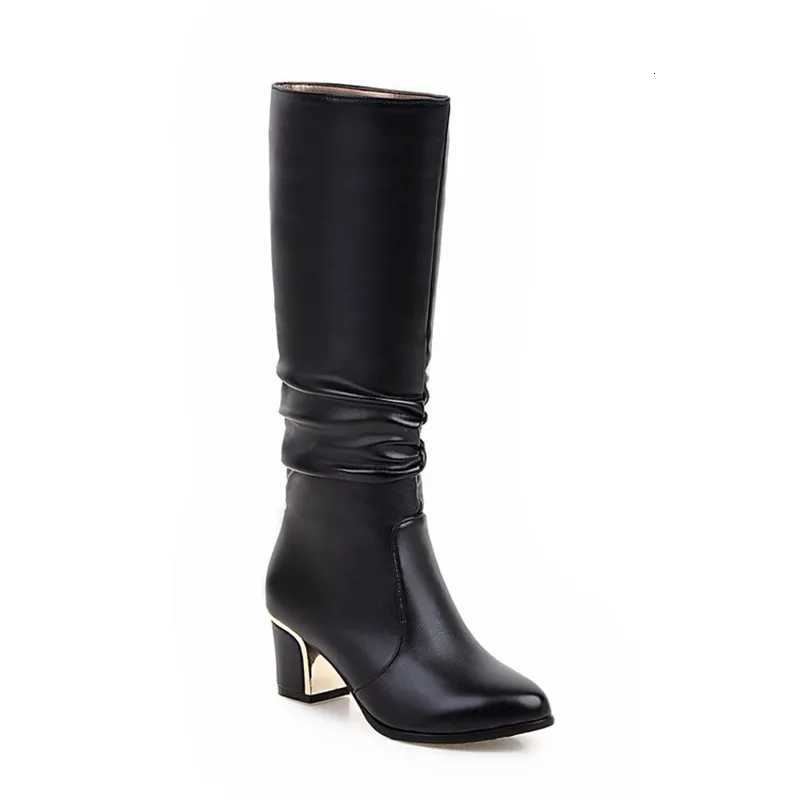 Lady Plus Size 32 33 43 26cm Black White Motorcycle Knee Boots Leather Pull On Long Botas High Heel Short Plus Warm Shoes WinterT251223