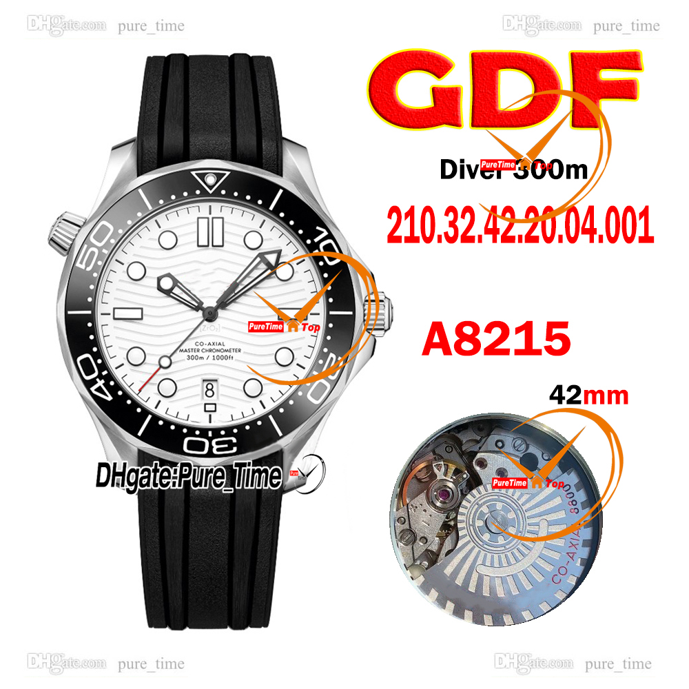 New 42mm Diver 300M A8215 Automatic Mens Watch 210.32.42.20.04.001 White Texture Dial Ceramic Bezel Steel Case Rubber Strap Gents Watches Pure_Time A02a