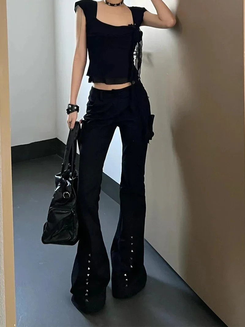 Harajuku High Waist Flared Jeans Black Kpop Retro Y2K Pants Womens Vintage Slim 2000s Skinny Denim Trouser Z260313