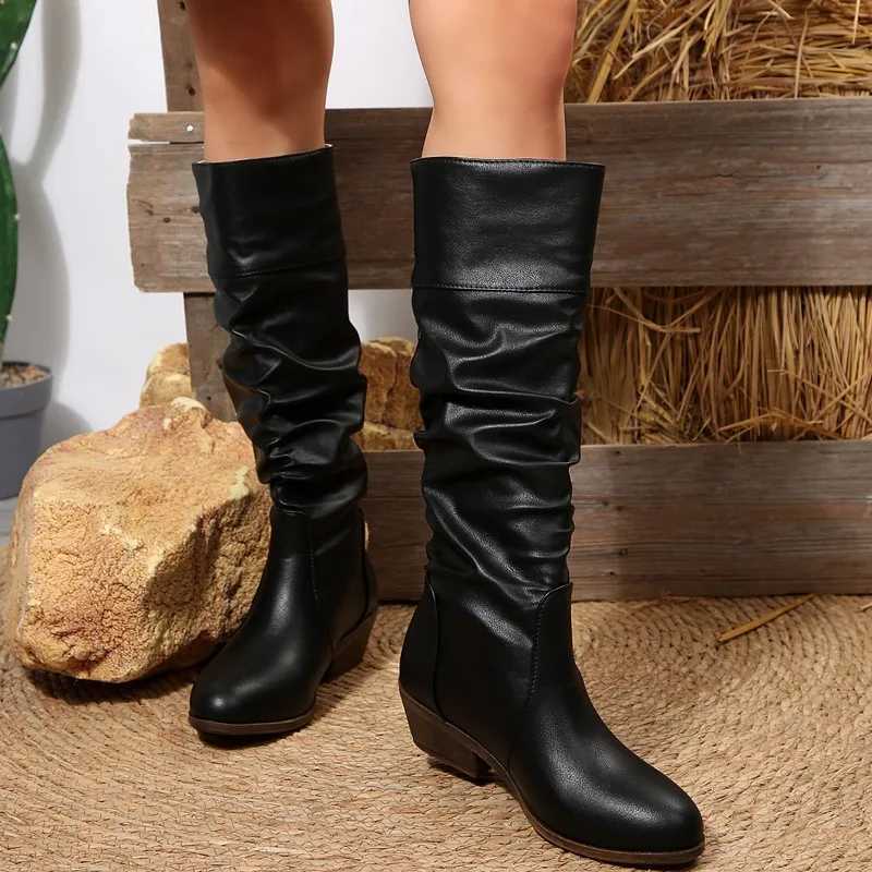 Ladies Shoes 2025 Hot Sale Slip-on Womens Boots Fashion Pleated Modern Boots Women New Round Toe Plus Size Knee-High BootsT251223