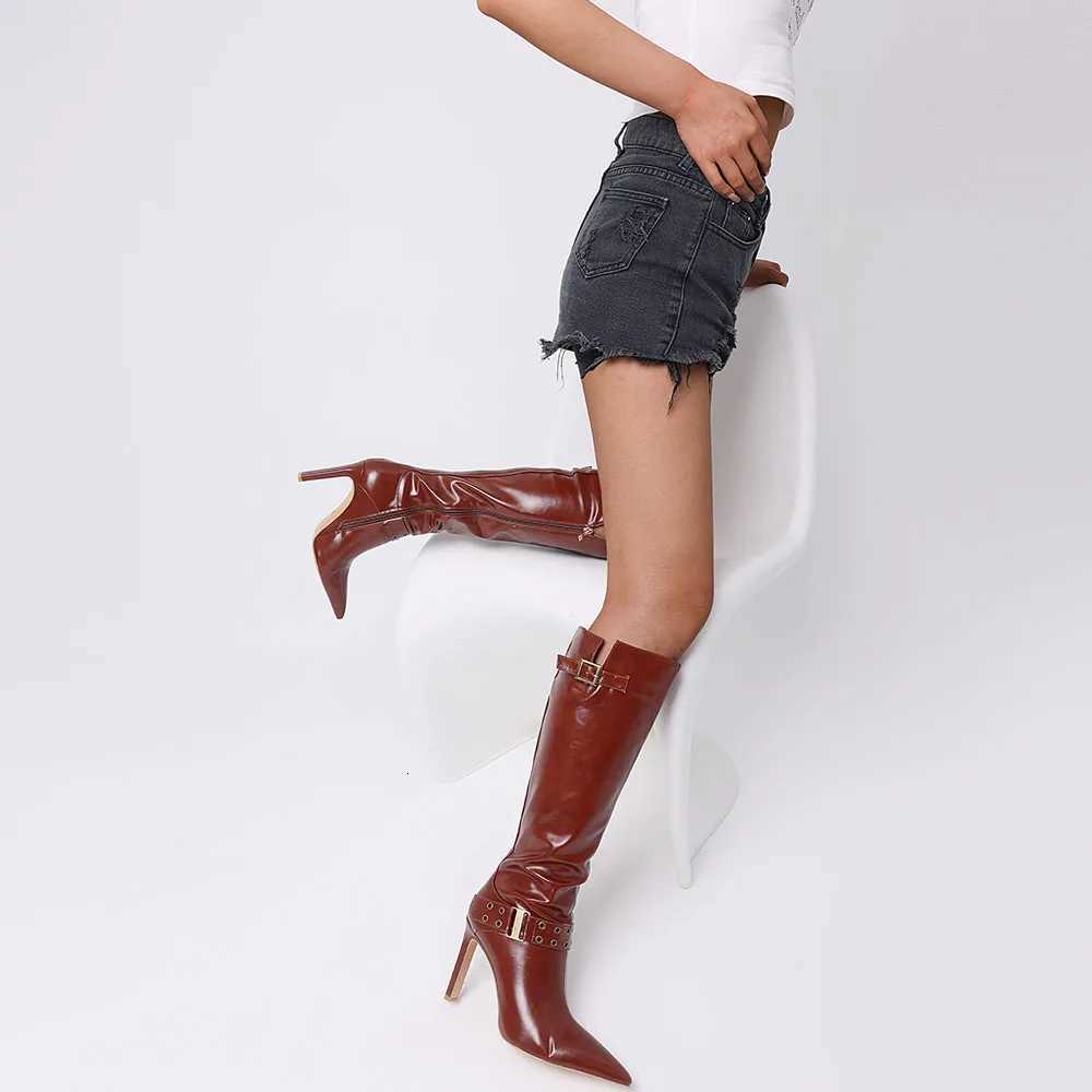 Sexy Pointed Toe Thin High Heel Female Fashion Modern Boots Hollow Metal Punk Spring/Autumn Party Mid-calf Boots For WomenT251223