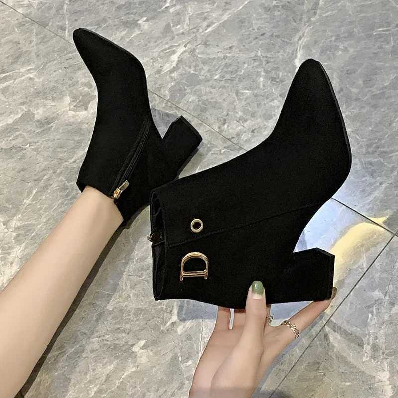 2024 New Women Fashion Large Size 43 Women Ankle Boots Luxury High Heels Pointed Ladies Booties Elegant Black Shoes 43T251223