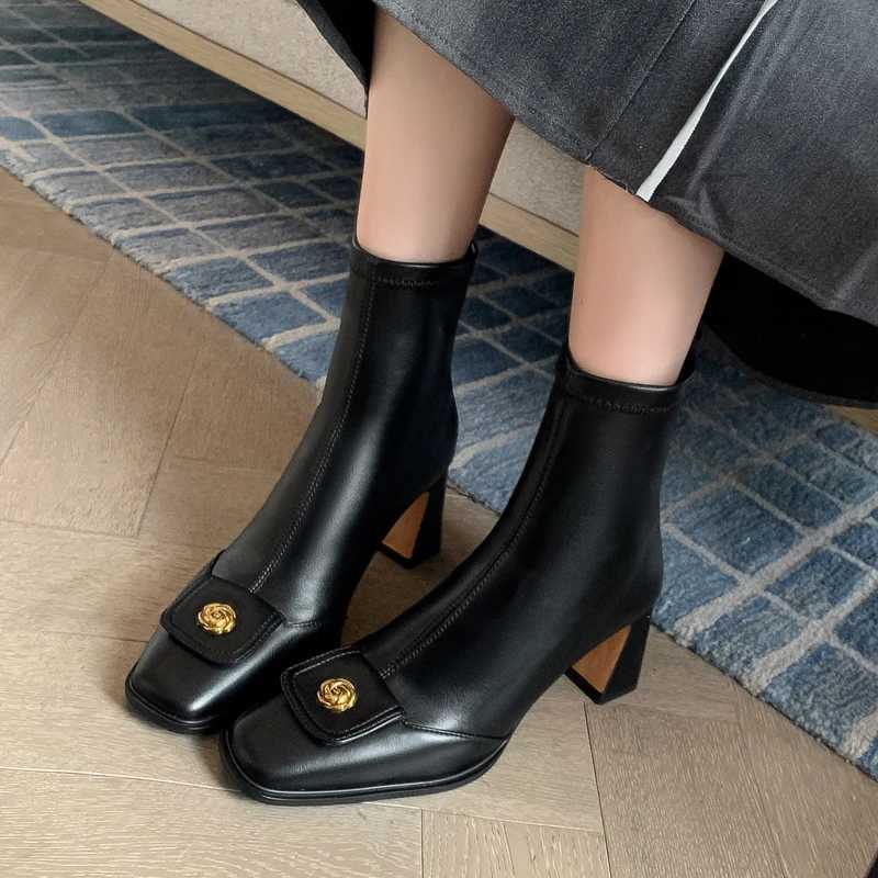 Retro Camellia High Heel Elastic Skinny Boots Womens Winter Short Boots Coarse Heel Back Zipper Fashion Boots NewT251223