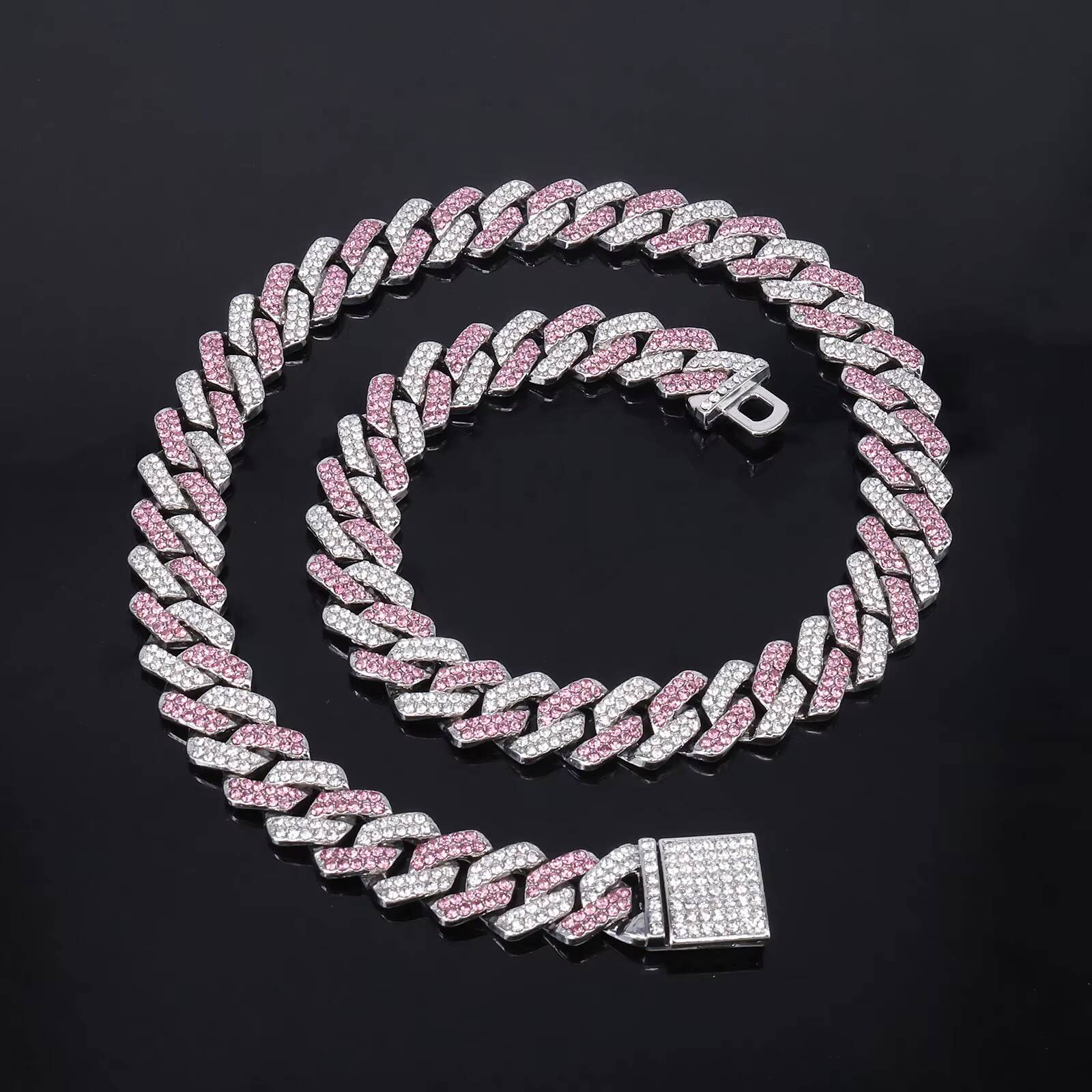 Hot Sale Temu 14mm Diamond-Shaped Pink Blue Diamond Flip Alloy Mens Necklace Cool Hip-Hop Cuban Chains with Geometric Pattern
