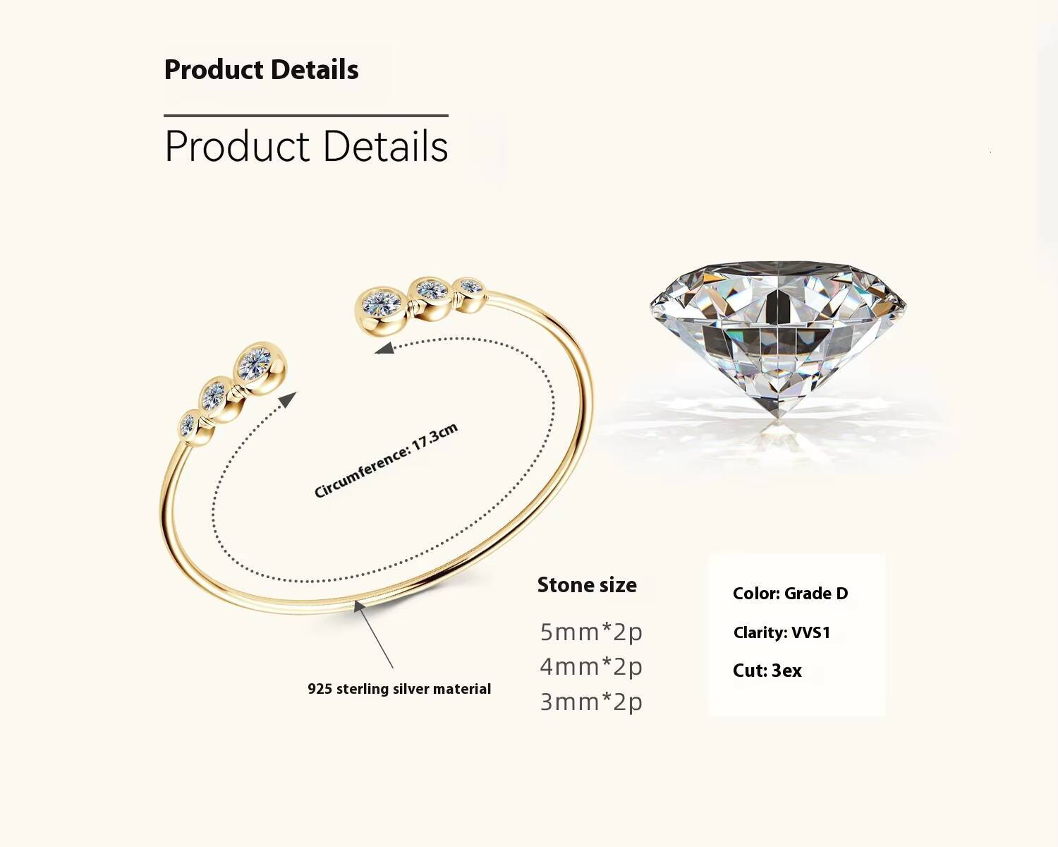 New Arrival 925 Sterling Silver 3 Stone Moissanite Bangle for Women High Fashion Design Wholesale Jewelry