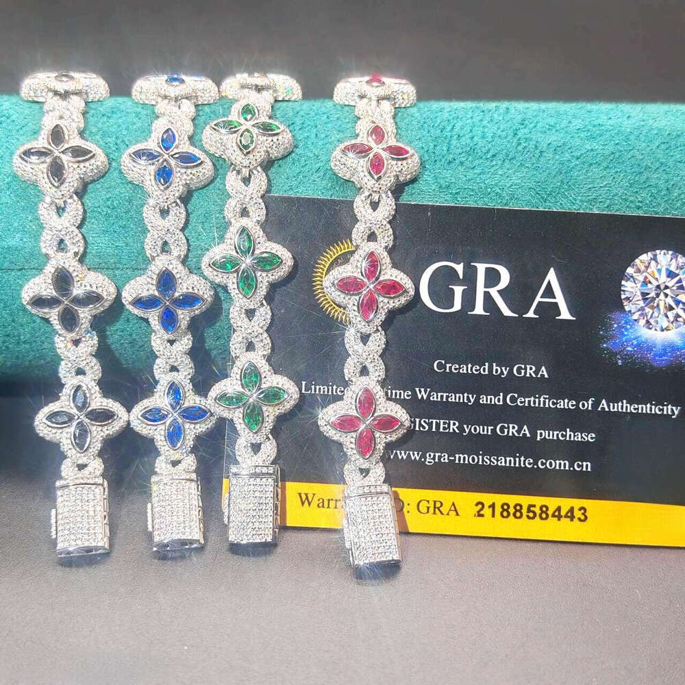 VVS Moissanite Luxurious Hip-Hop Jewelry Colorful Silicon Stone Ice S925 Silver Cuban Clover Bracelet