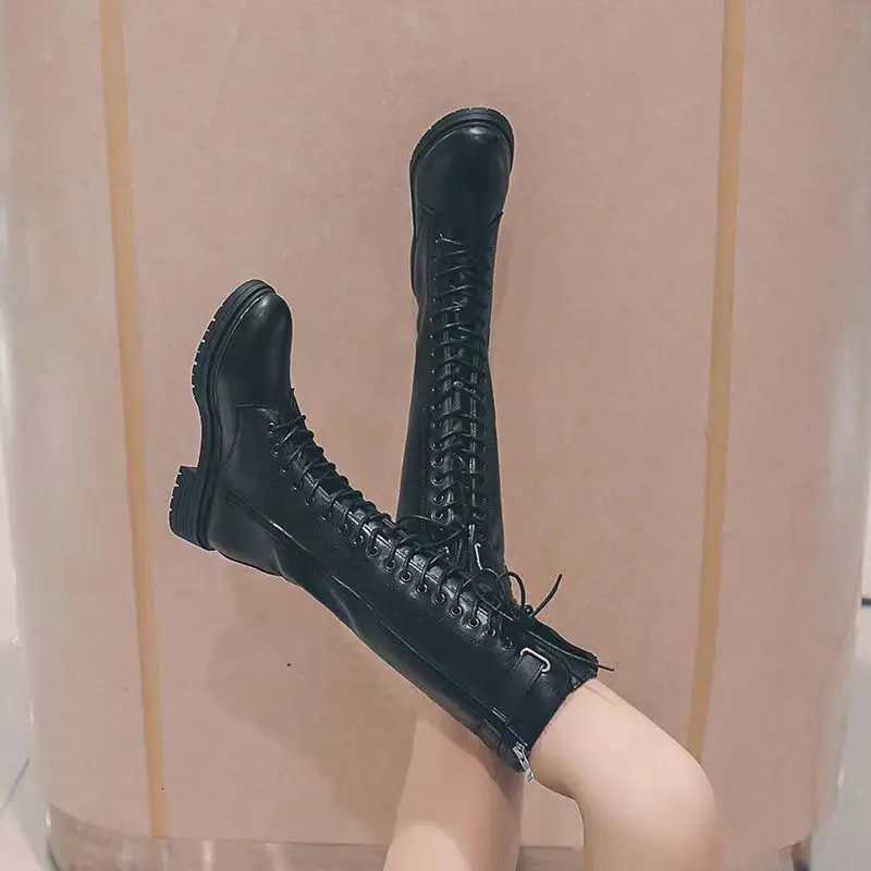 Shoes for Women Black Middle Heel Footwear Winter Knee High Shaft Long Ladies Boots with Laces Lace-up on Promotion New Rock PuT251223