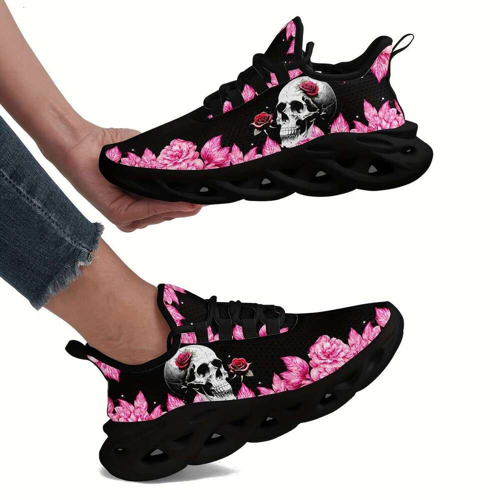 Women's Outdoor Shoes With Skull And Rose Print, Lightweight EVA Sole Cushioned Comfort, Non-Slip Breathable Fabric All-Season Road Running Shoes - view 6