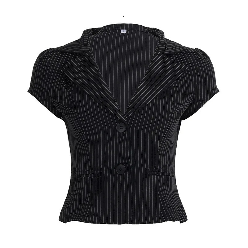 American Sexy V-neck All-match Striped Shirt Women Slim Waist Blouses Summer Short Sleeve Black Blusas De Mujer 251222