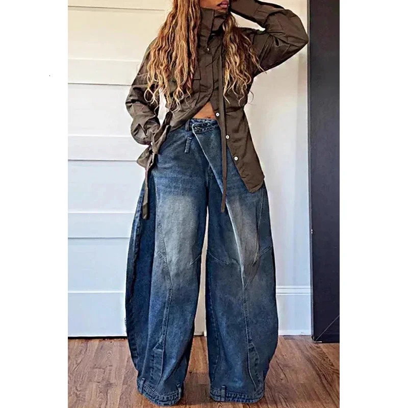 Y2K Women Loose Denim Jeans Asymmetric Button Pocket Washed Jean Casual Harajuku High Street Grunge Trouders Pants Z260313