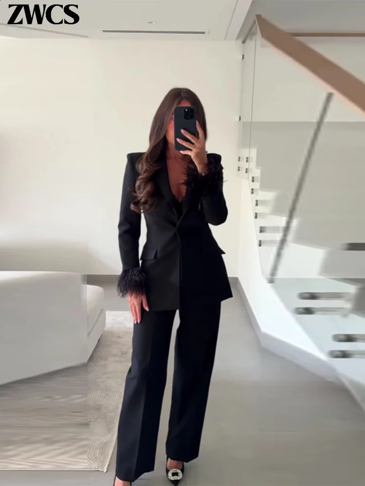 Elegant Feathers Blazer Pants Set Womens Solid Lapel Singlebreasted Suit Jackets Straight Wide Leg Trousers 2025 Outfits 251223