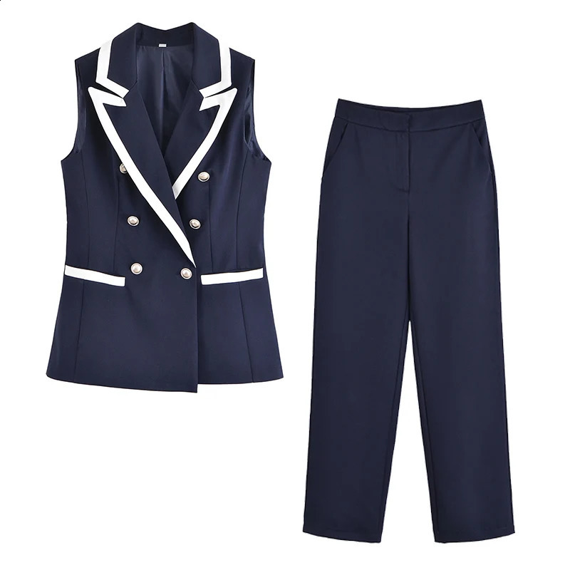 Straight Pants 2 Pieces Sets For Women Fashion DoubleBreasted Short Vest Top Trousers Set Office Woman Outfits 251222