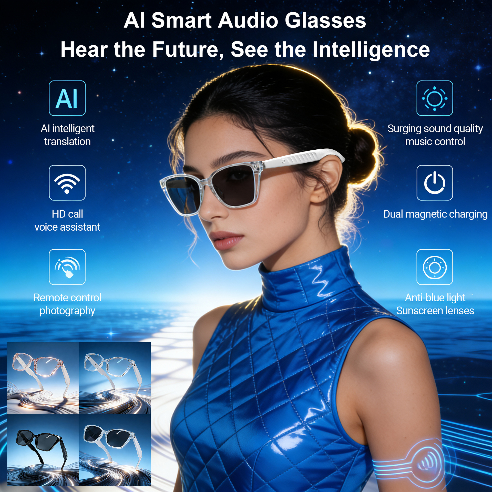 New AI Translation Bluetooth Anti Blue Light Glasses Real time Translation in Over 100 Languages Smart Glasses for Music Listening and Calls