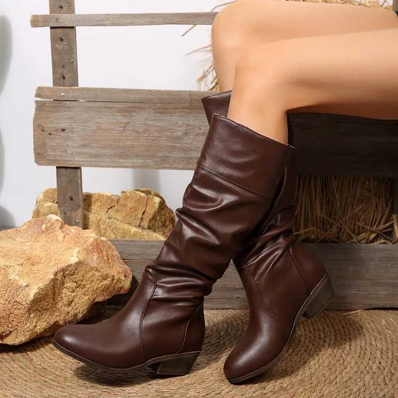 Ladies Shoes 2025 Hot Sale Slip-on Womens Boots Fashion Pleated Modern Boots Women New Round Toe Plus Size Knee-High BootsT251223