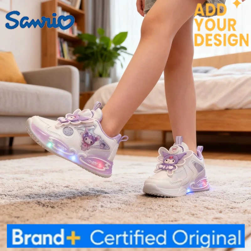 Sanrio KidsCasual Shoes Sneakers Led Light Cartoon Kuromi PU Leather For Girls Anti-slip Breathable Pink Pruple Shoes Size 26-33 H251223