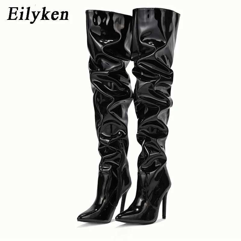 Eilyken Red Women Over The Knee Boots High Heels Patent Leather Solid Pointed Toe Stiletto Side Zipper Sapatos FemininosT251223