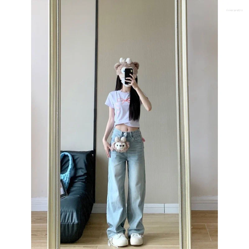 Women's Jeans 2025 Autumn Winter Bow Embroidery Design Sweet Korean Style High Waist Loose Fit Straight Leg Z260313