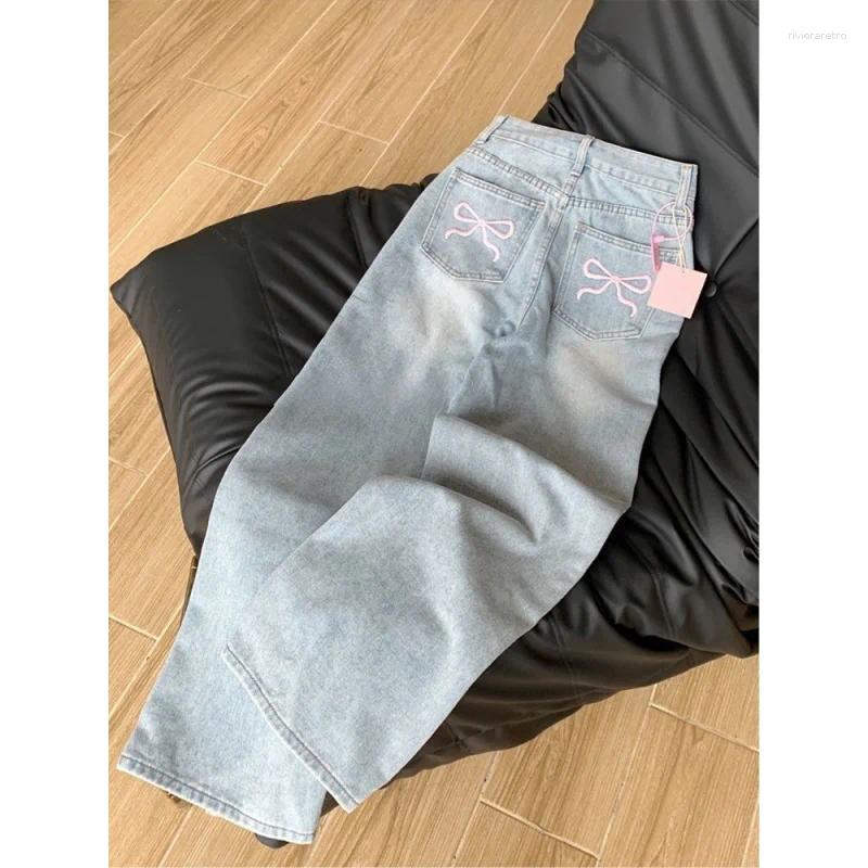 Women's Jeans 2025 Autumn Winter Bow Embroidery Design Sweet Korean Style High Waist Loose Fit Straight Leg Z260313