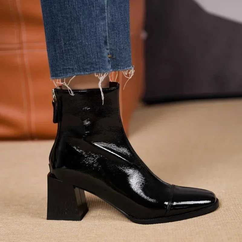 2025New Patent Leather Womens Autumn and Winter Square-toed Chunky Heel Shows Slimming High-heeled Short-leg BootsT251223