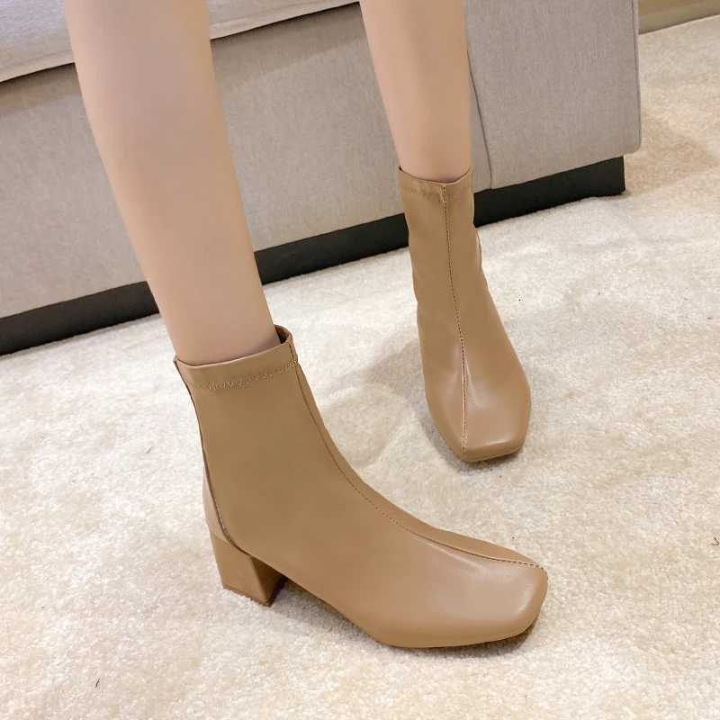 Casual Womens Thick Heel Medium Heel Boots Womens 2025 New Winter Square Toe Back Zipper Heightening Short BootsT251223