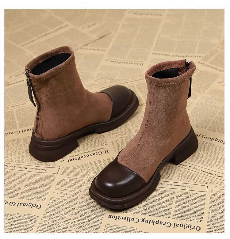 Autumn Winter Women Ankle Boots Fashion Patchwork Leather Thick Bottom Shallow Short Boots Low Heels Flock Ladies Platform ShoesT251223