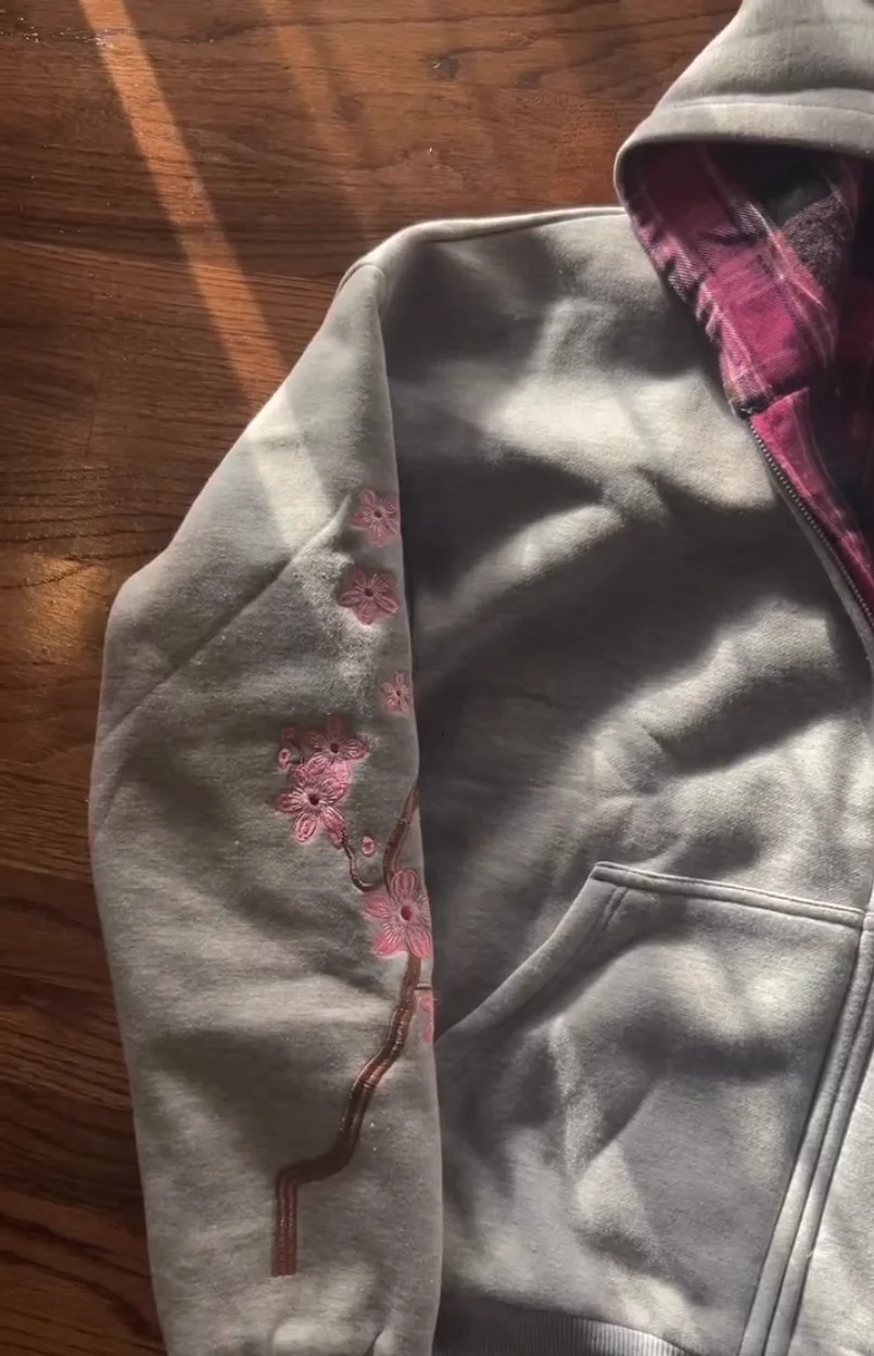 Y2K Vintage Cherry Blossom Embroidery Zipper Hoodie Harajuku Loose Reversible Simple Grid Jacket Men Women Pink Coat Streetwear 251217