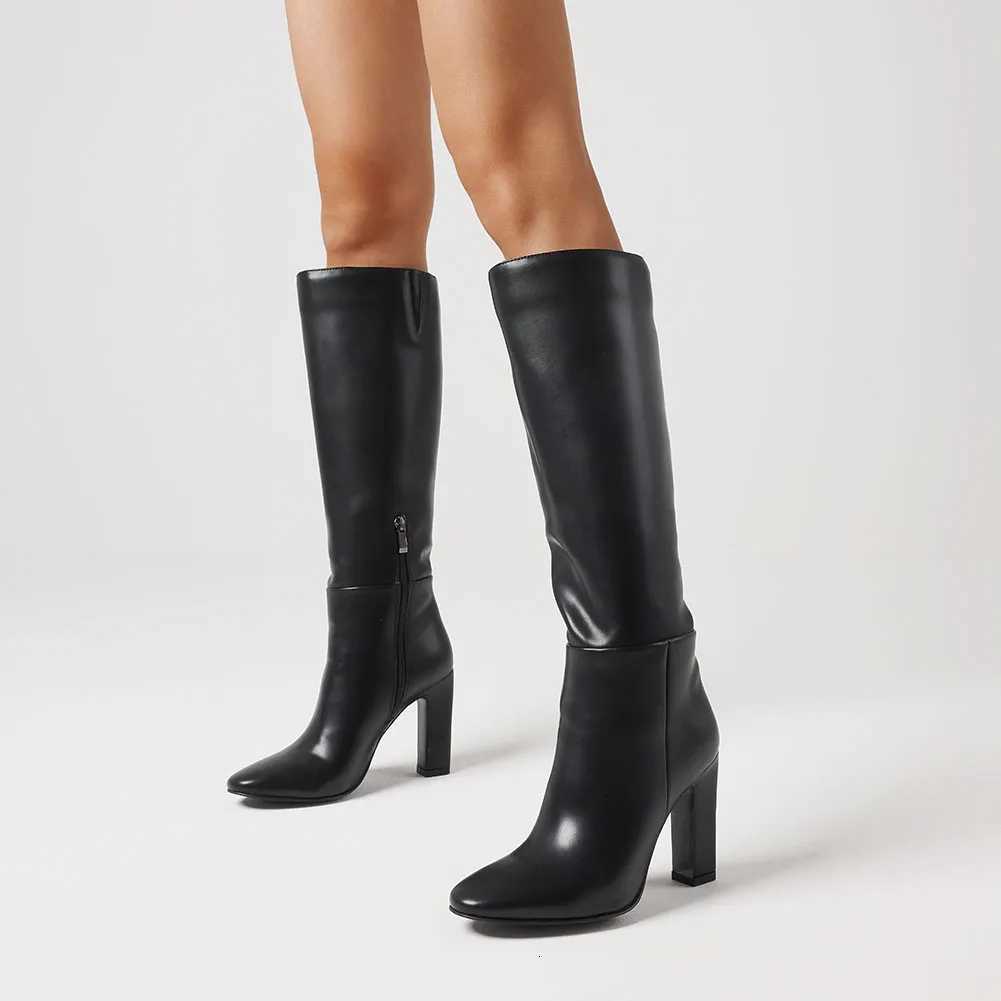new womens solid knee high boots fashion zipper thick high heels square toe boots party dress shoesT251223