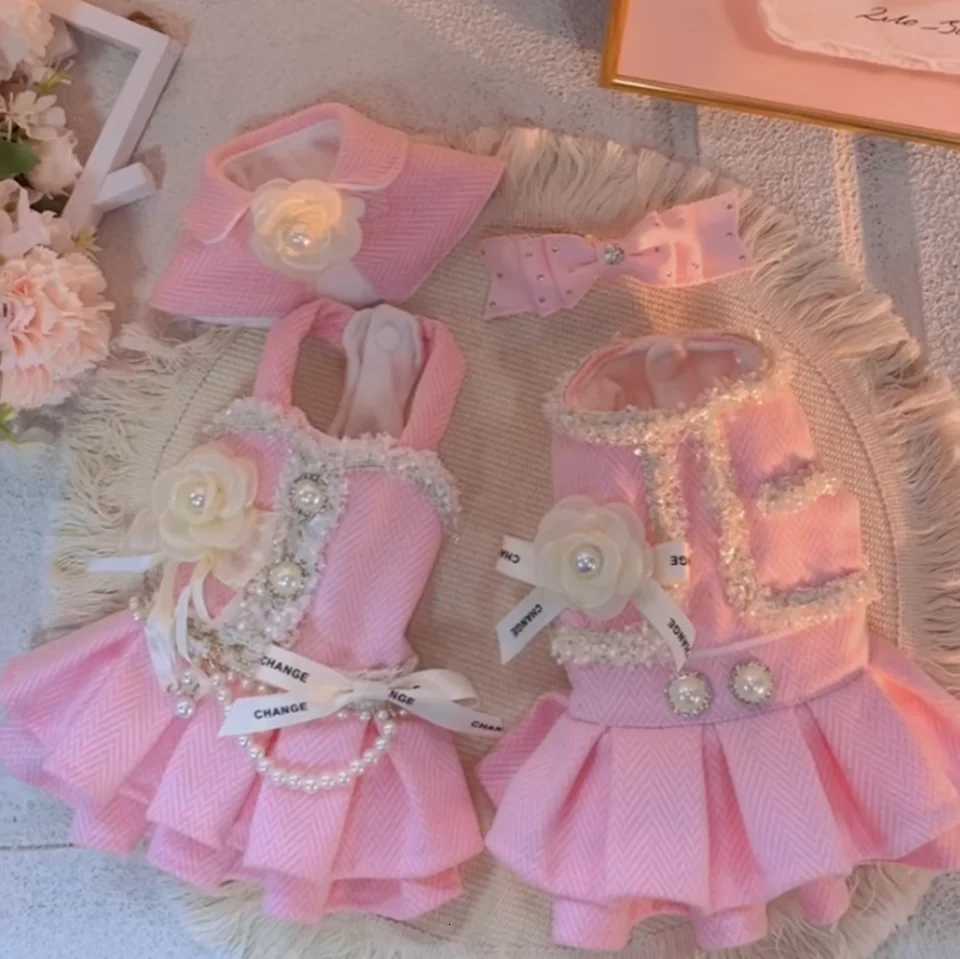 Pink Luxury Pearl Magnolia Design High-End Custom Pet Dress Set Winter Clothes Suit For Small Dog Z251223