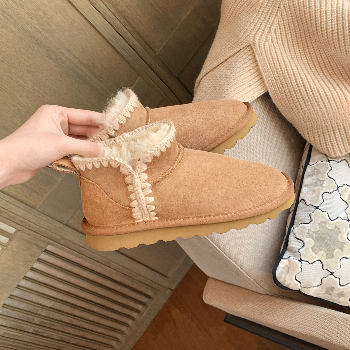 Autumn and winter new mid waist stitched snow boots designer fashion shoes