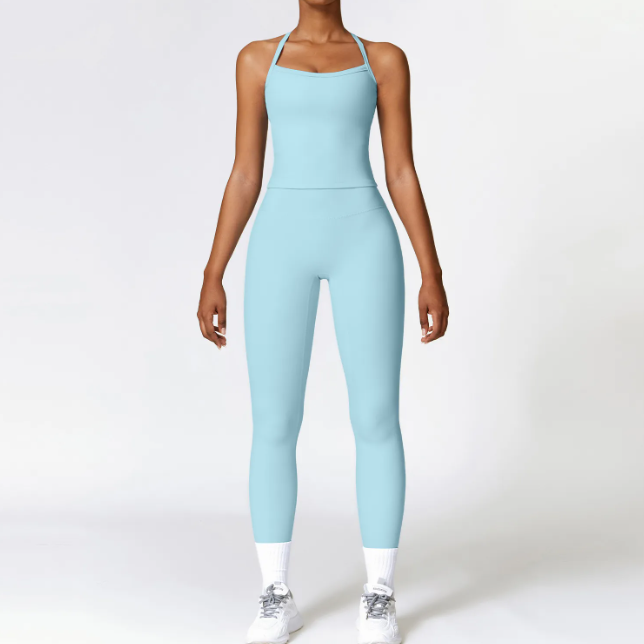 Women Yoga Two-piece Set Short Running Tank Top+ Long Pant Solid Color Sports Bra With Fitness