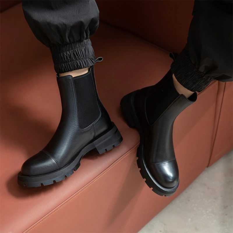 2024 Winter Shoes Women Leather Ankle Boots Women Round Toe Thick Heel Platform Shoes Solid Chelsea Boots Casual Women BootsT251223