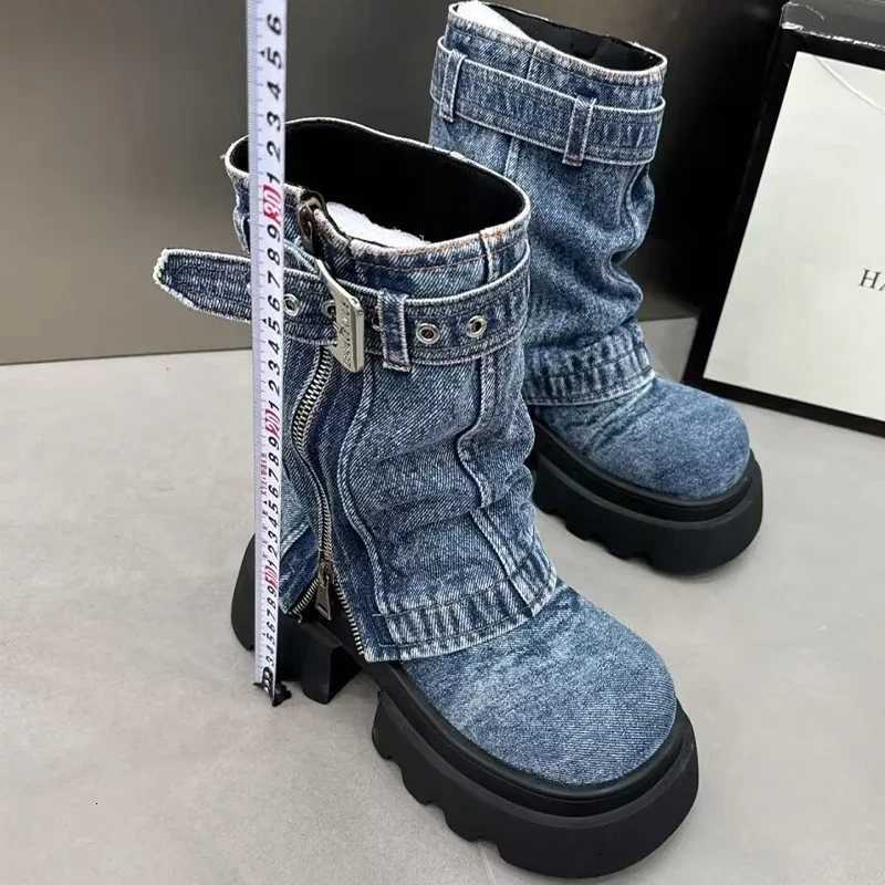 Women Cowboy Mid-calf Boots Zipper Platform Mid Heels Designer Shoes Winter New Motorcycle Boots 2024 Fad Trend Mujer ZapatosT251223