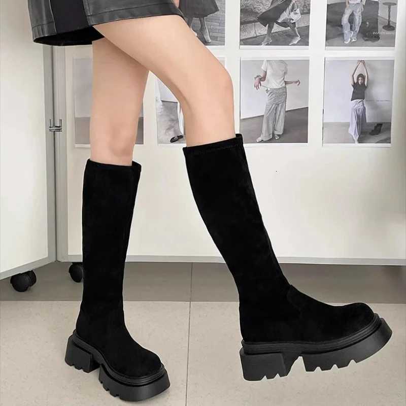 Winter Platform Punk Style Woman Knee High Boot Concise Slip On Elastic Slim Shoes Ladies Thick Bottom Knight Long BootiesT251223