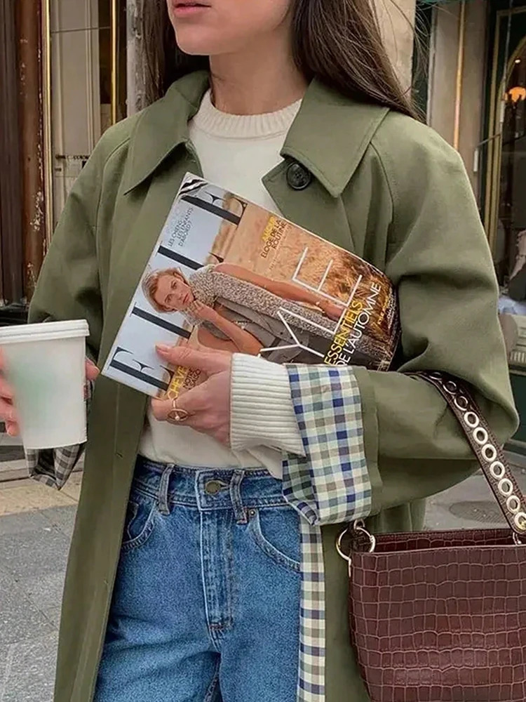 In Plaid Lining Solid Trench Coat Woman Clothing Single Breasted Long Sleeve Jacket Spring Autumn Lady Outwear 251222