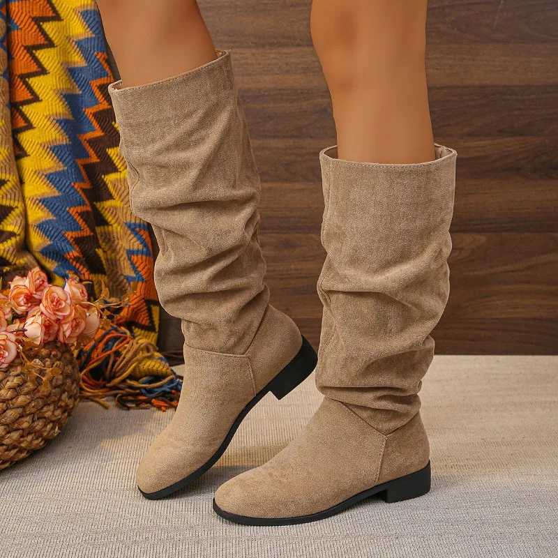 Womens Mid-heel Single Boots Spring New Round Head Suede Sleeve Fold Soft Sole Non-slip High BootsT251223