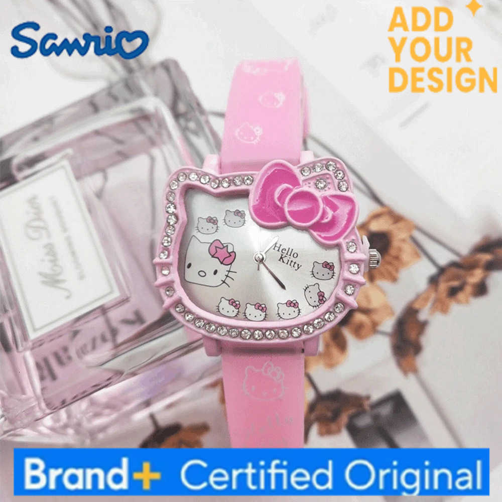 Sanrio Hello Kitty Childrens Watches Cartoon Cat Head Student Electronic Silicone Diamond Bow Quartz Watch Party Kids Girls Gifts H251223
