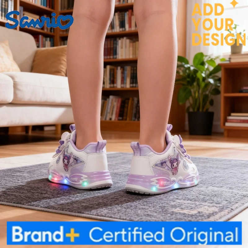 Sanrio KidsCasual Shoes Sneakers Led Light Cartoon Kuromi PU Leather For Girls Anti-slip Breathable Pink Pruple Shoes Size 26-33 H251223