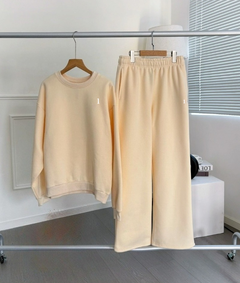 Women Fleece Crew Neck Sweater Set Wide Leg Sweatpants Casual Loose Top Trousers Tracksuit