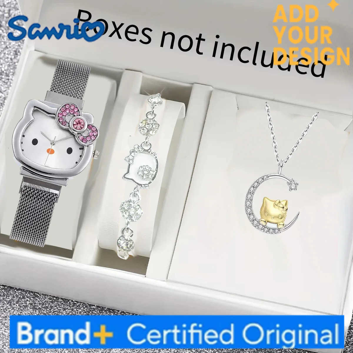 Sanrio 3pcs/set Kawaii Hello Kitty Women Watches Metal Diamond Bow Ladies Watch Girl Birthday Student Gifts With Necklace and bracelet H251223