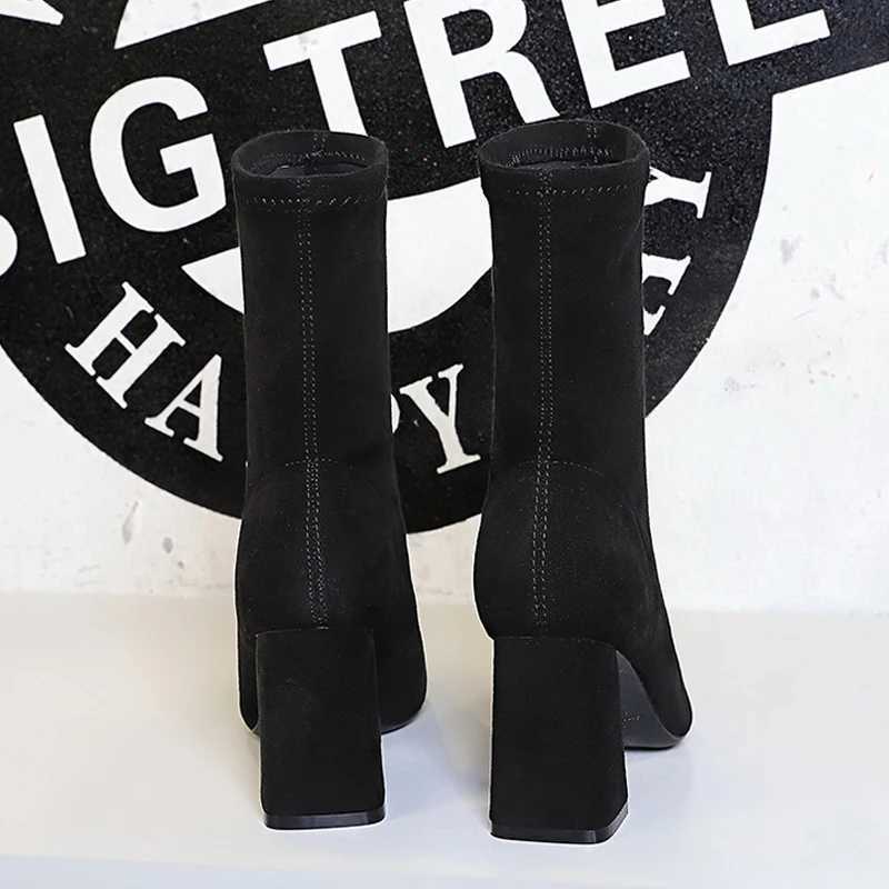 BIGTREE Shoes High Heel Boots Suede Women Ankle Boots Pointed Toe Socks Boots Thick Heel Women Shoes Warm Winter Boots Size 43T251223