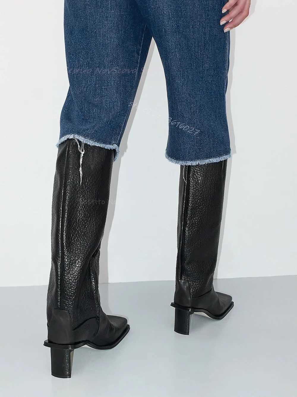 Square Toe Punk Knee High Boots Thin Block Heels Black Leather Size Zip Fashion Sexy Ladies Daily Casual Autumn BootiesT251223