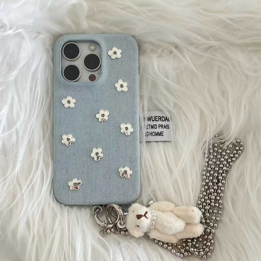 Artistic Sweet Blue Denim Small Flower Suitable for iPhone 16 Crossbody Pro Max Phone Case 15 Apple 14 Women 17