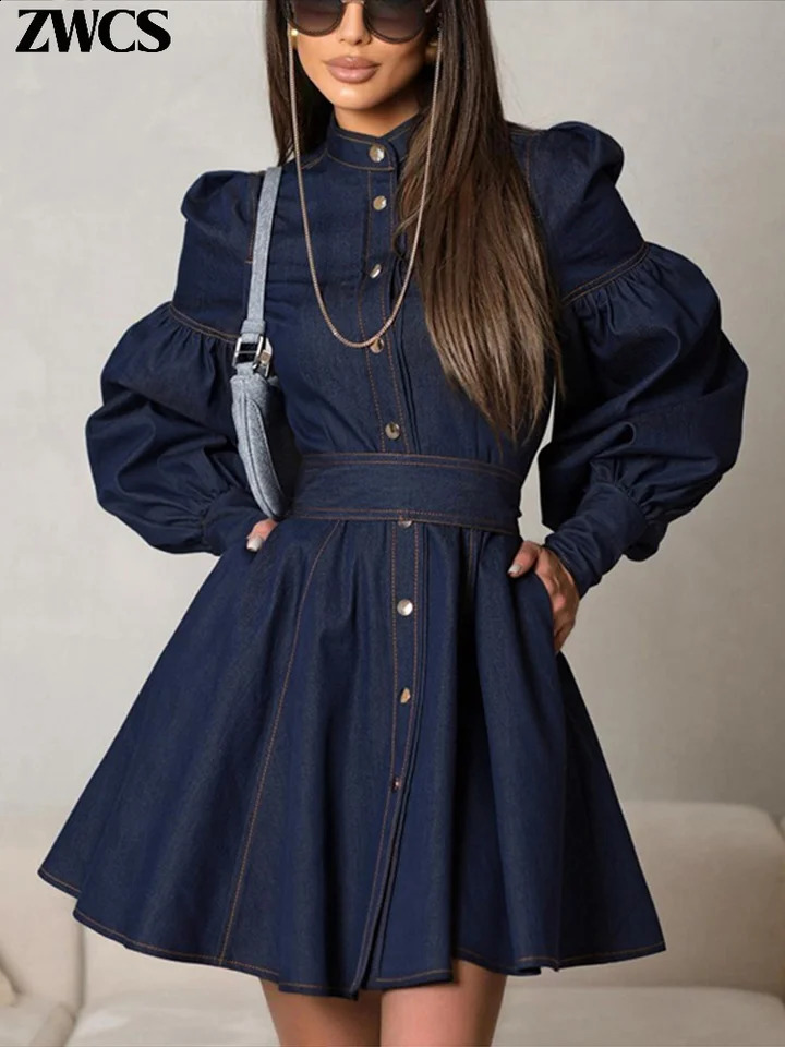 Vintage Denim Bow Belt Dres Elegant Stand Collar Long Lantern Sleeve Button Short Dresses 2025 Spring Lady Chic Robes 251223