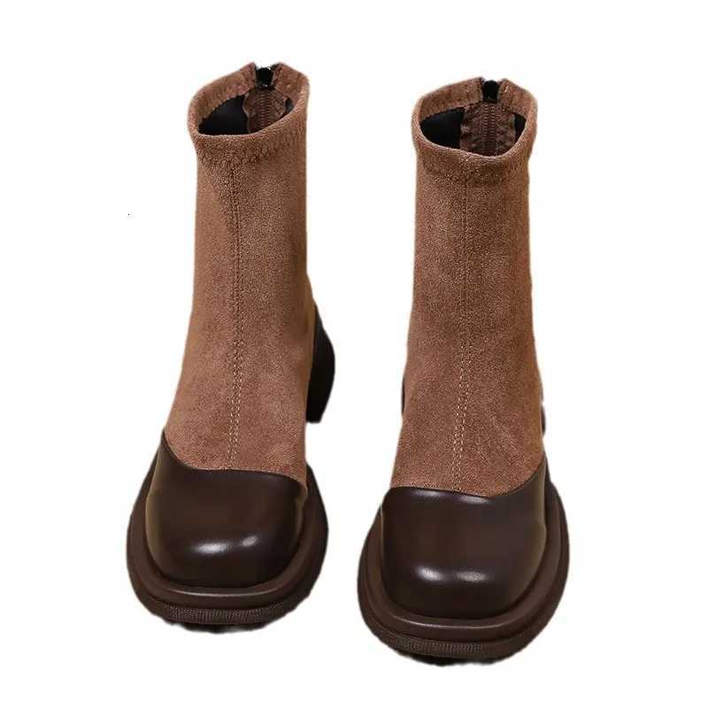 Autumn Winter Women Ankle Boots Fashion Patchwork Leather Thick Bottom Shallow Short Boots Low Heels Flock Ladies Platform ShoesT251223