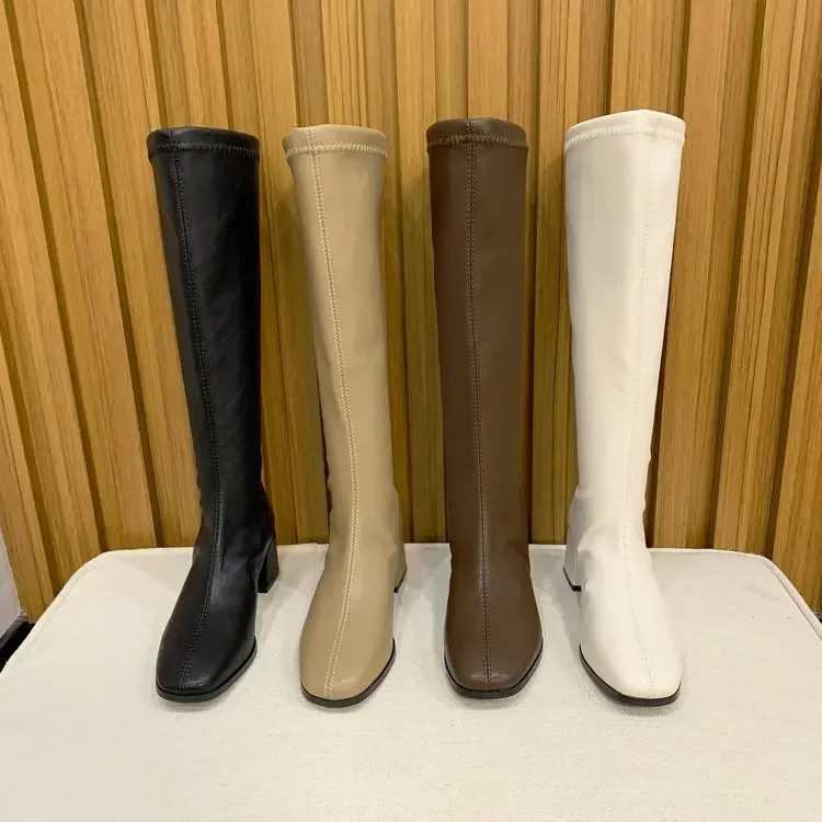 2024 Fashion Women Black Block High Heels Long Boots New Winter Warm Knee High Boots Soft Leather Thigh High Boots ShoesT251223