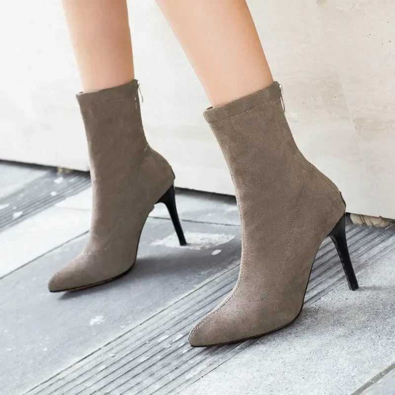 HOT Mid-barrel Boots Elastic Boots Pointed Toe Thin Heels for Women Black Ankle Stretch Fabric Winter High Heel Boots RomeT251223