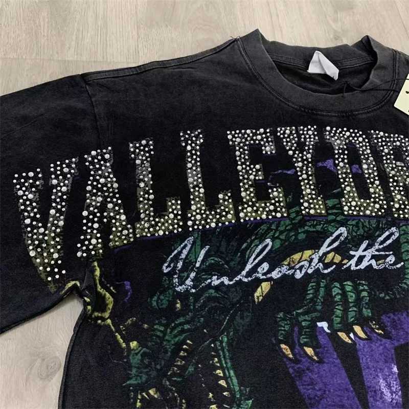 Oversized VALLEY Hot Drill Letters Mens Short Sves Black Washed American Streetwear Vale T-Shirts Q251223