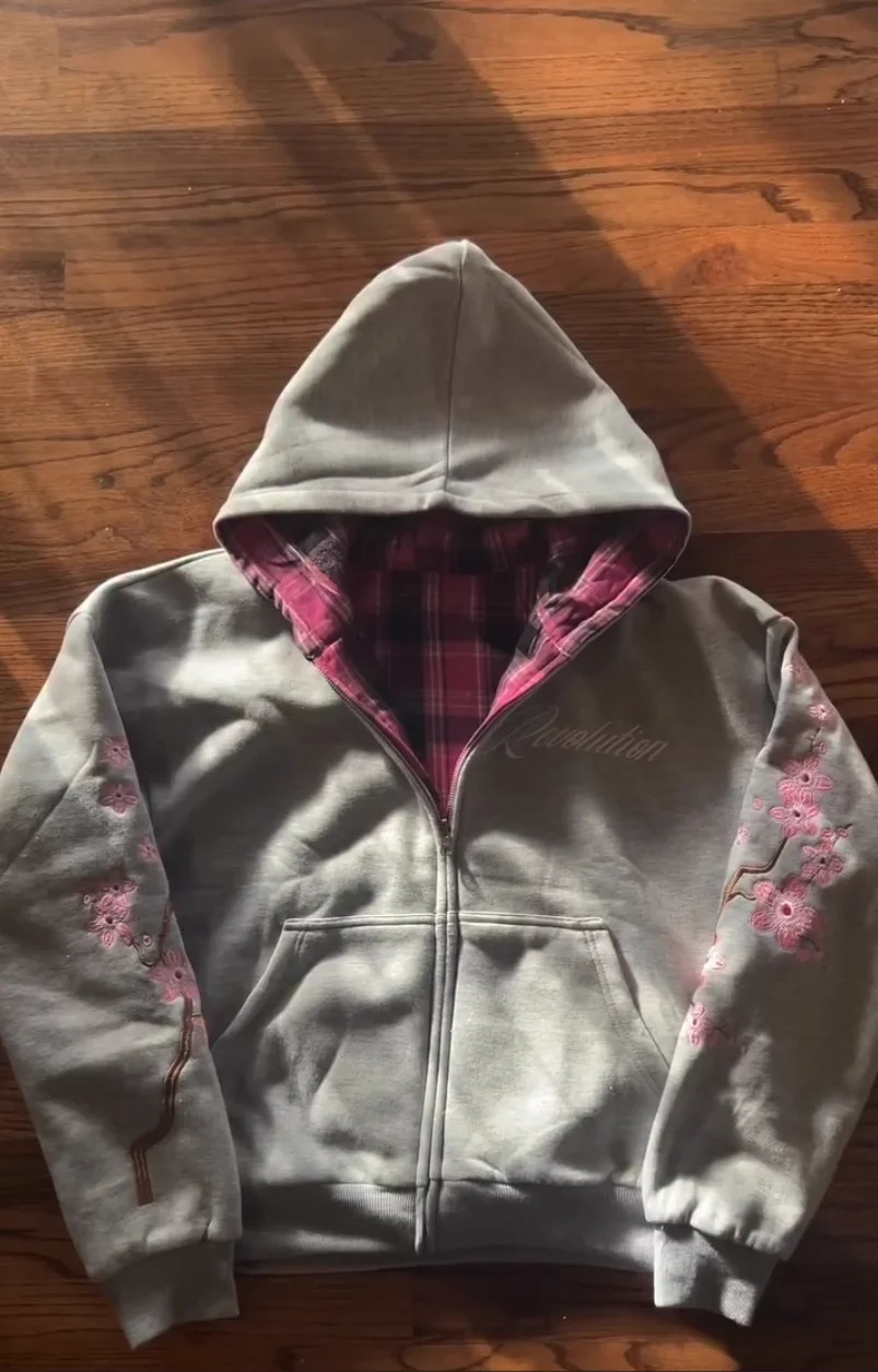 Y2K Vintage Cherry Blossom Embroidery Zipper Hoodie Harajuku Loose Reversible Simple Grid Jacket Men Women Pink Coat Streetwear 251217